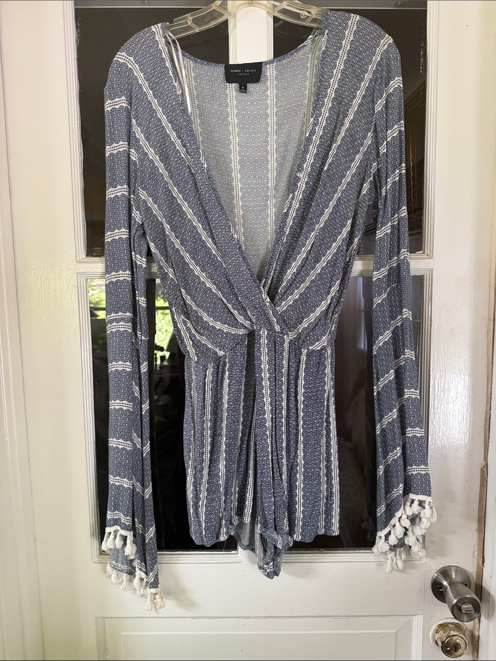 Romeo & Juliet Couture Navy Blue and White Striped Mini Romper with Tassels